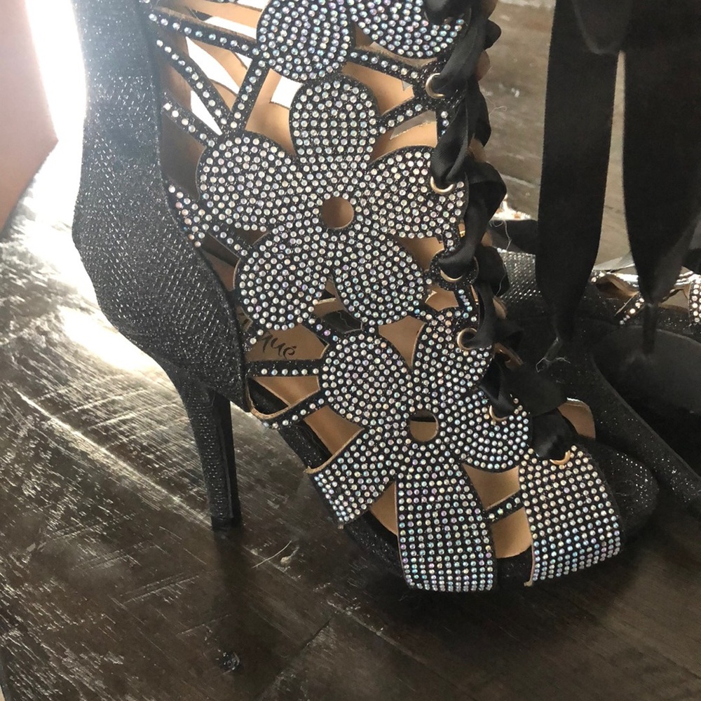 Cute faux rhinestones lace up heels. - Picture 2 of 4